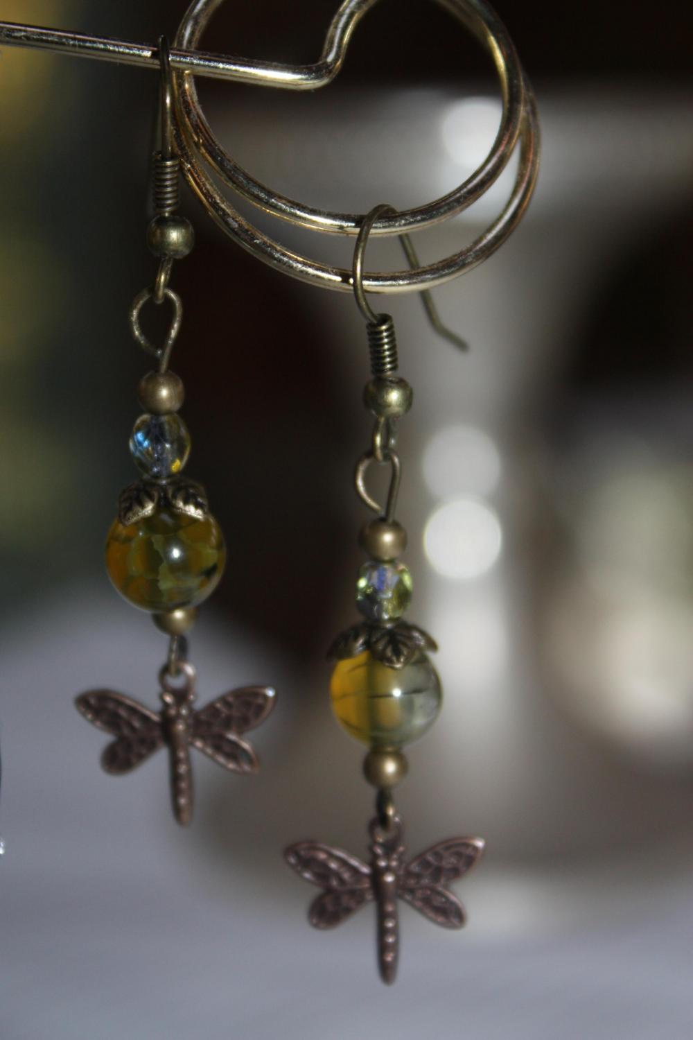 Glass And Czech Bead Dangle Earring With Firefly Charm