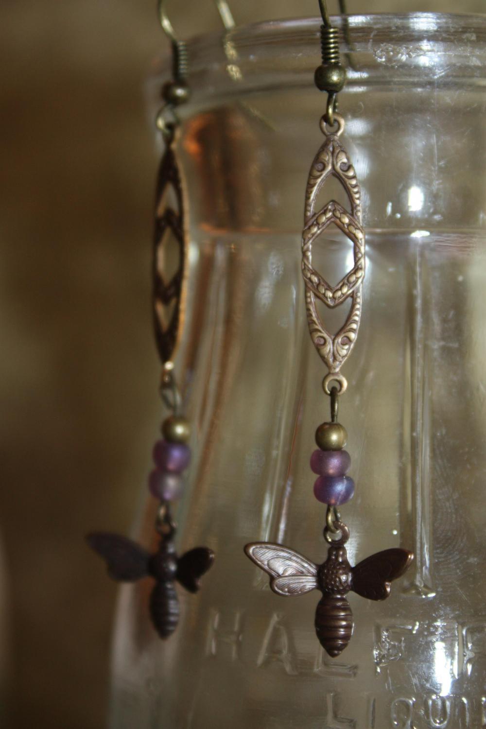 Antique Brass And Czech Glass Bee Charm Earrings