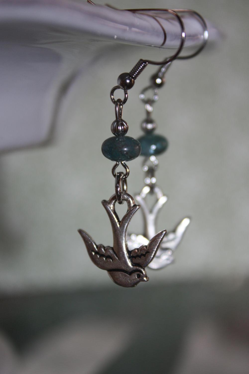 Moss Colored Agate Stone With Dove Charm Dangle Earring